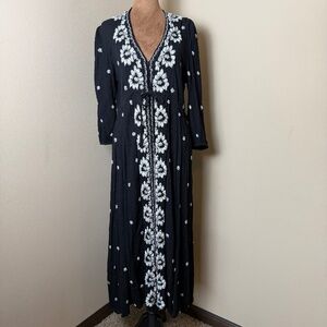 Free People Embroidered Fable Midi Dress Womens Small Black Boho Cottagecore